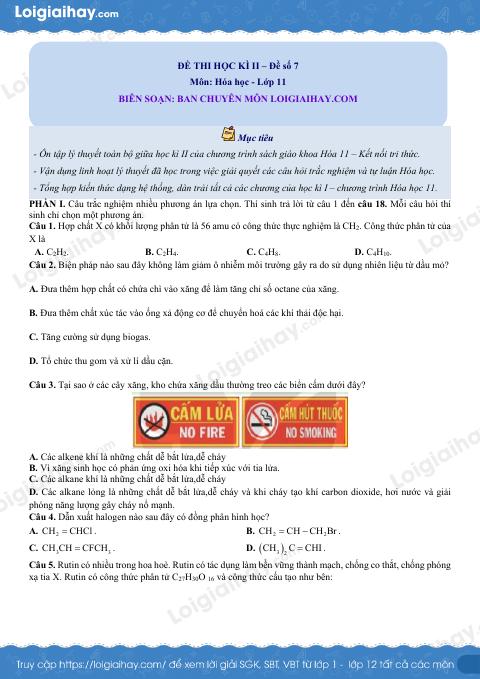 Đề thi học kì 2 Hóa 11 Cánh diều - Đề số 7